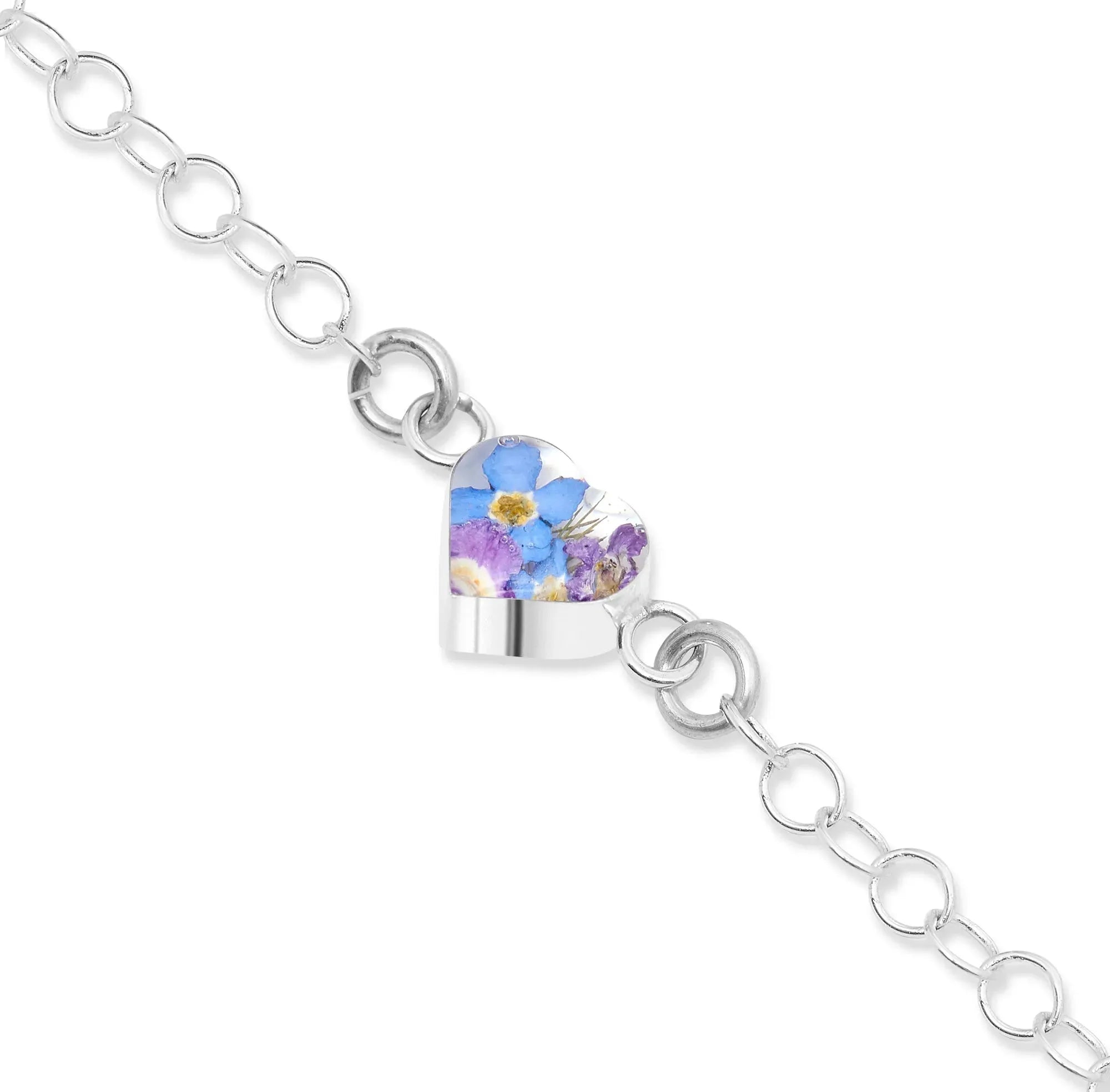 Purple Haze Heart Round link chain Bracelet with Real Flowers in Sterling Silver | Shrieking Violet®