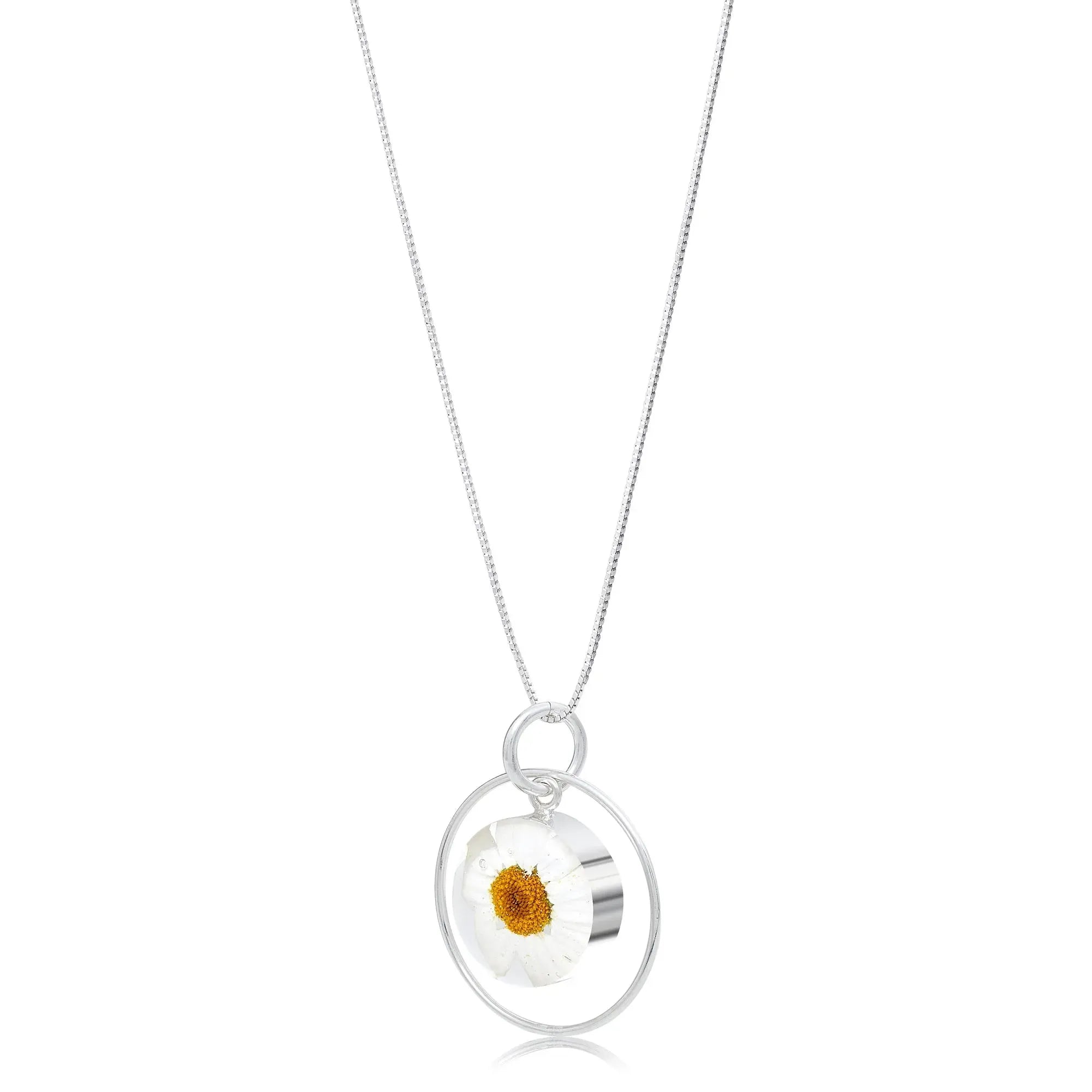 Collar con colgante de margarita blanca auténtica: colgante circular de plata de ley