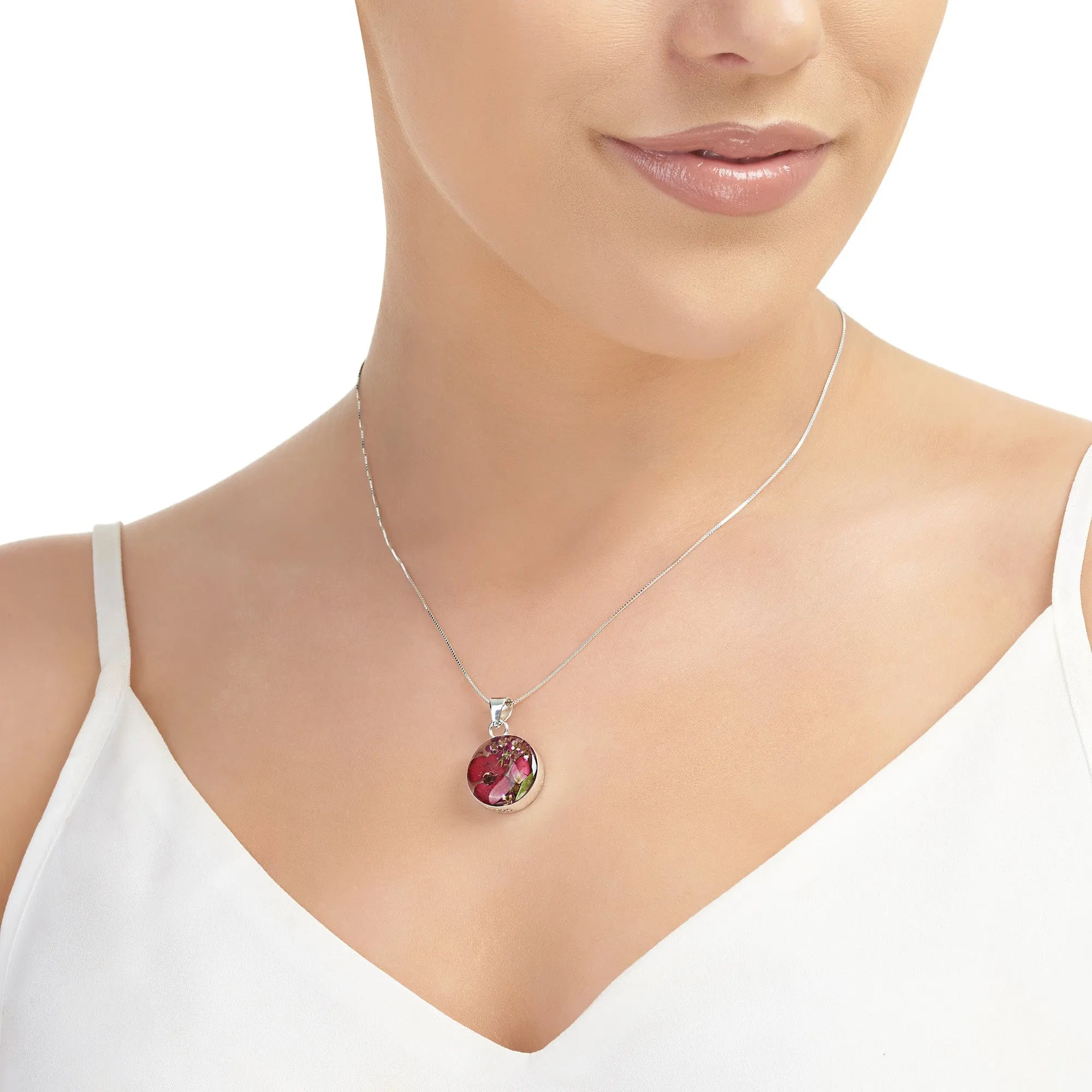 Halskette aus Sterlingsilber, handgefertigt mit echten Blumen von Shrieking Violet - Bohemia-Kollektion - Poppy & Rose - Runder Anhänger mit Kette