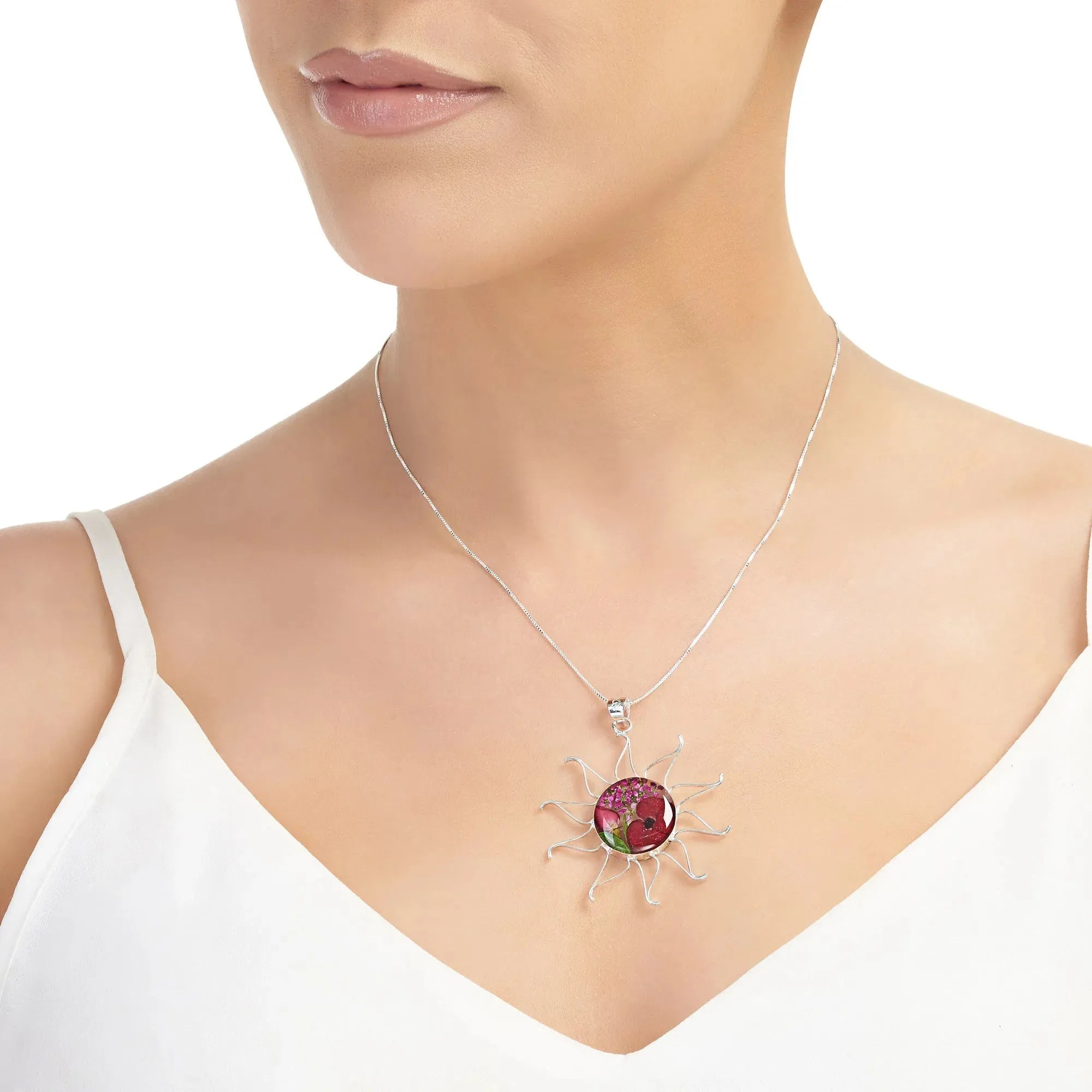 Sonnenkette handgefertigt mit echten Blumen von Shrieking Violet - Bohemia Kollektion - Poppy & Rose - Sonnenanhänger aus Sterlingsilber mit Kette