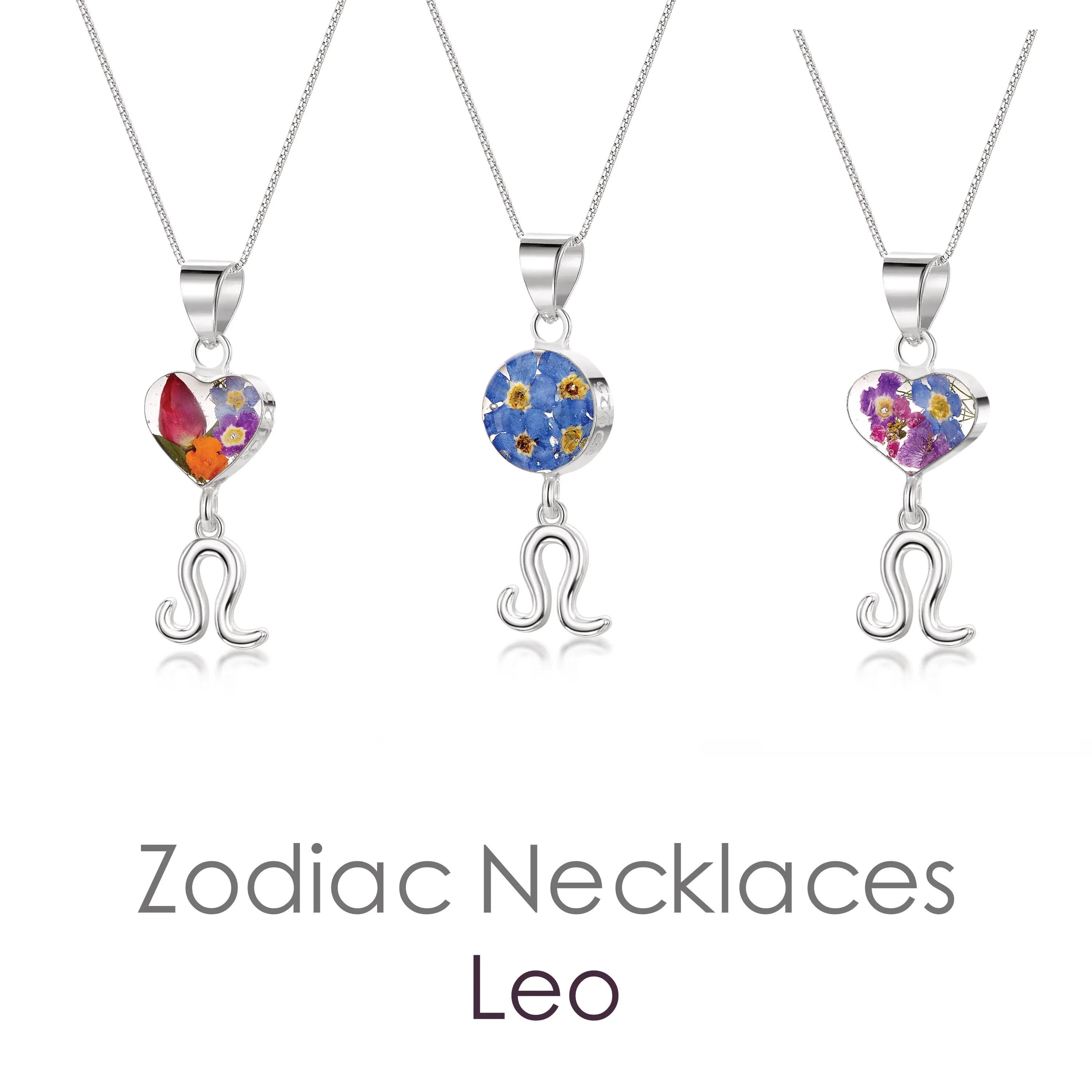 Leo Necklace - Sterling silver pendant with real flowers & a zodiac charm. More Options...