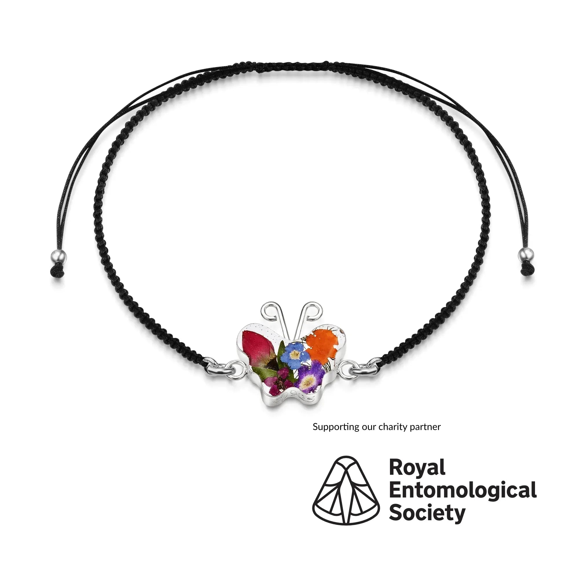 Schwarzes geflochtenes Armband aus Sterlingsilber mit Blumenanhänger - Gemischt - Schmetterling