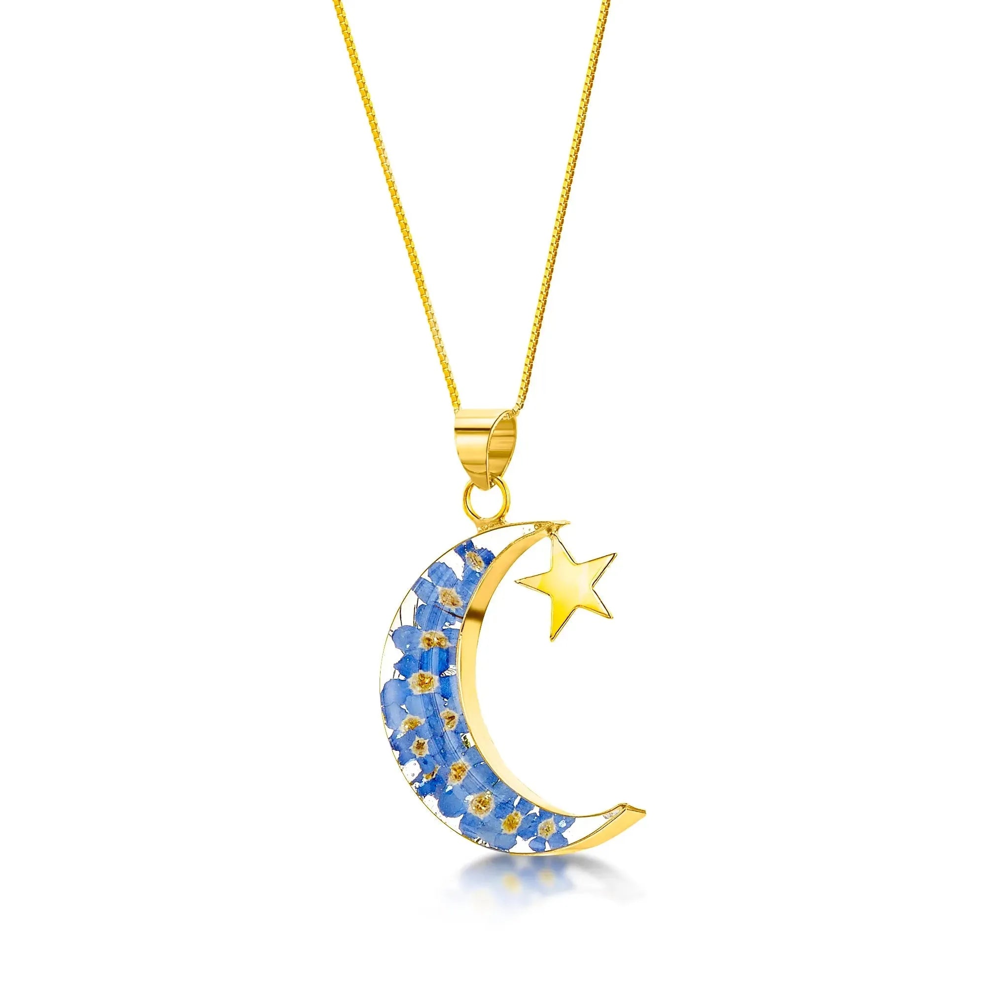 Mond & Sterne Halskette von Shrieking Violet® Anhänger aus Sterlingsilber mit echten Vergissmeinnicht. Handgemachter Schmuck mit echten Blumen.