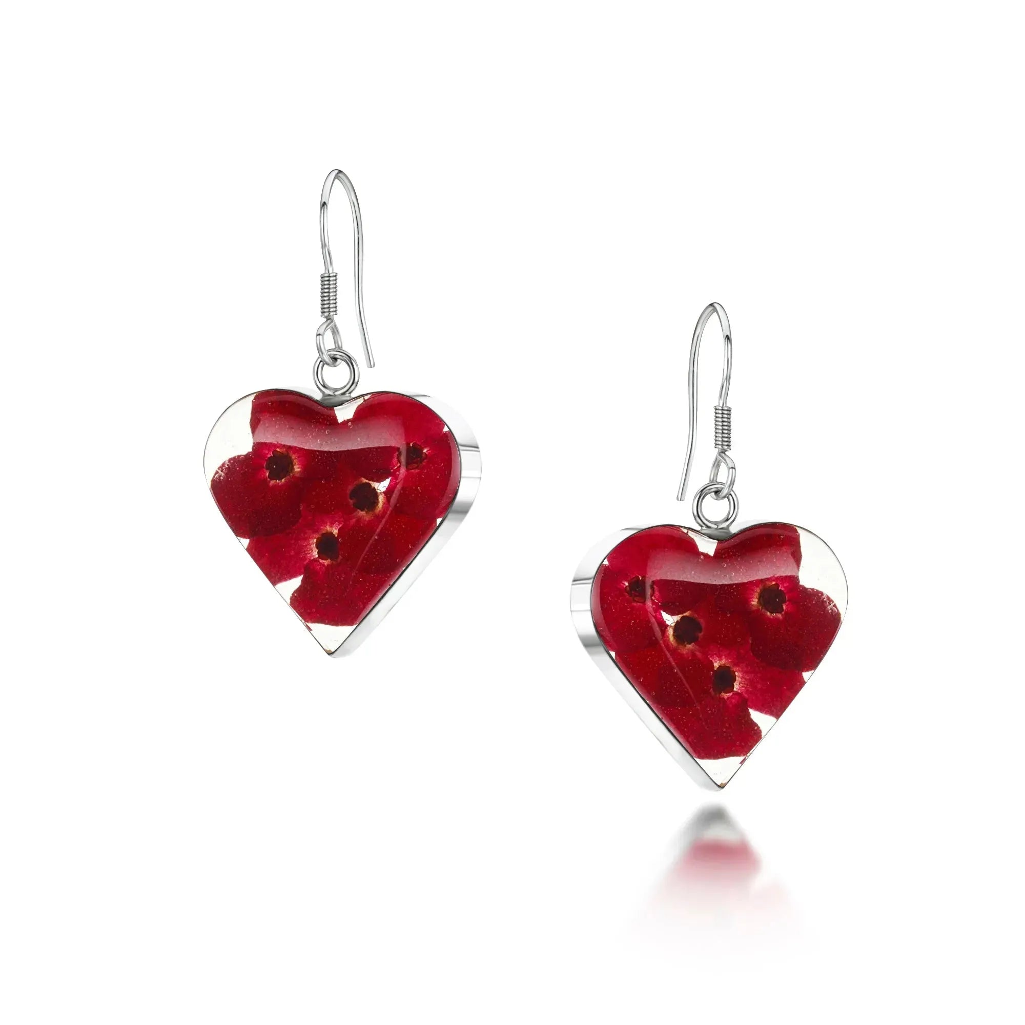 Poppy earrings by Shrieking Violet® Sterling silver heart drop dangle earrings with real flowers