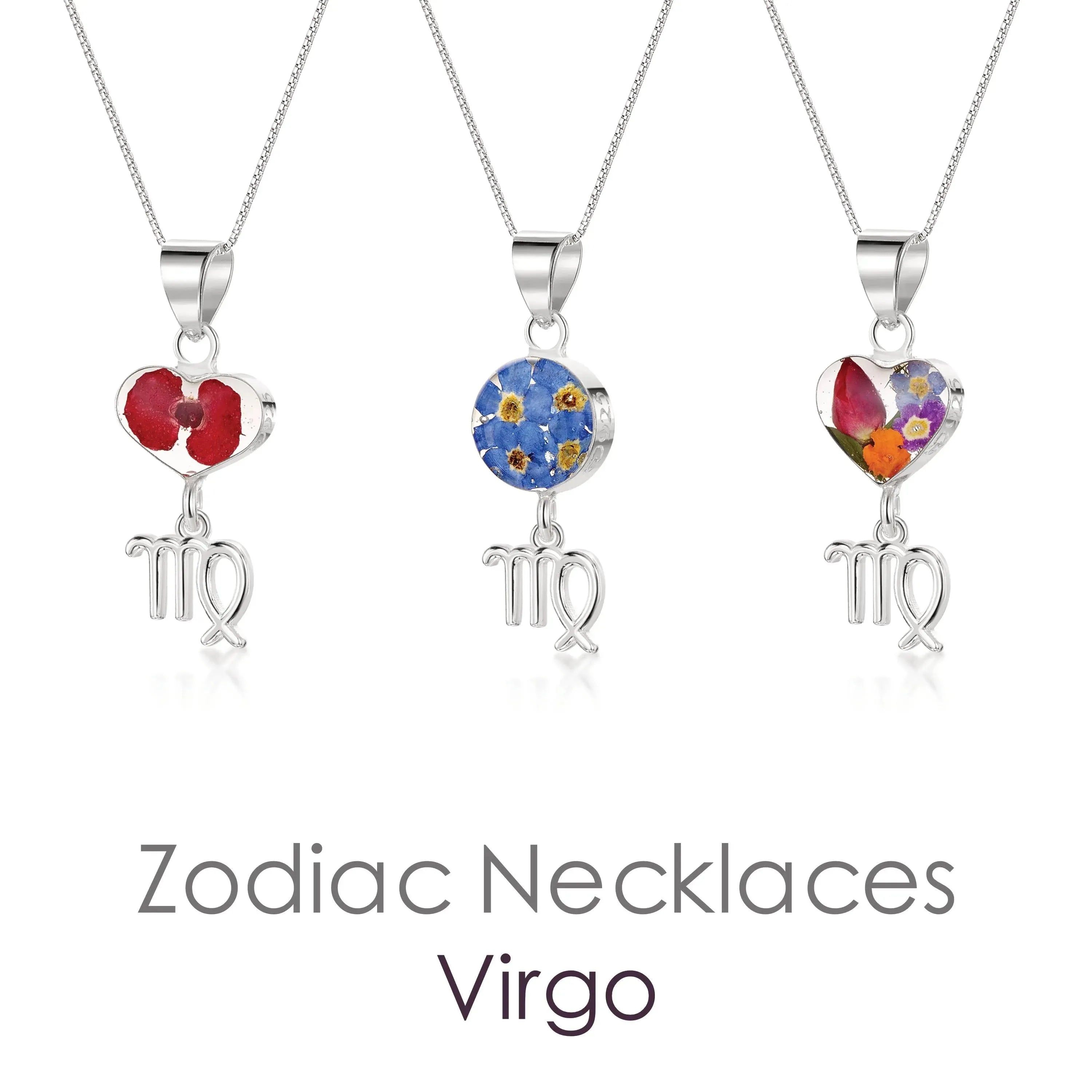 Virgo Necklace - Sterling silver pendant with real flowers & a zodiac charm. More Options...