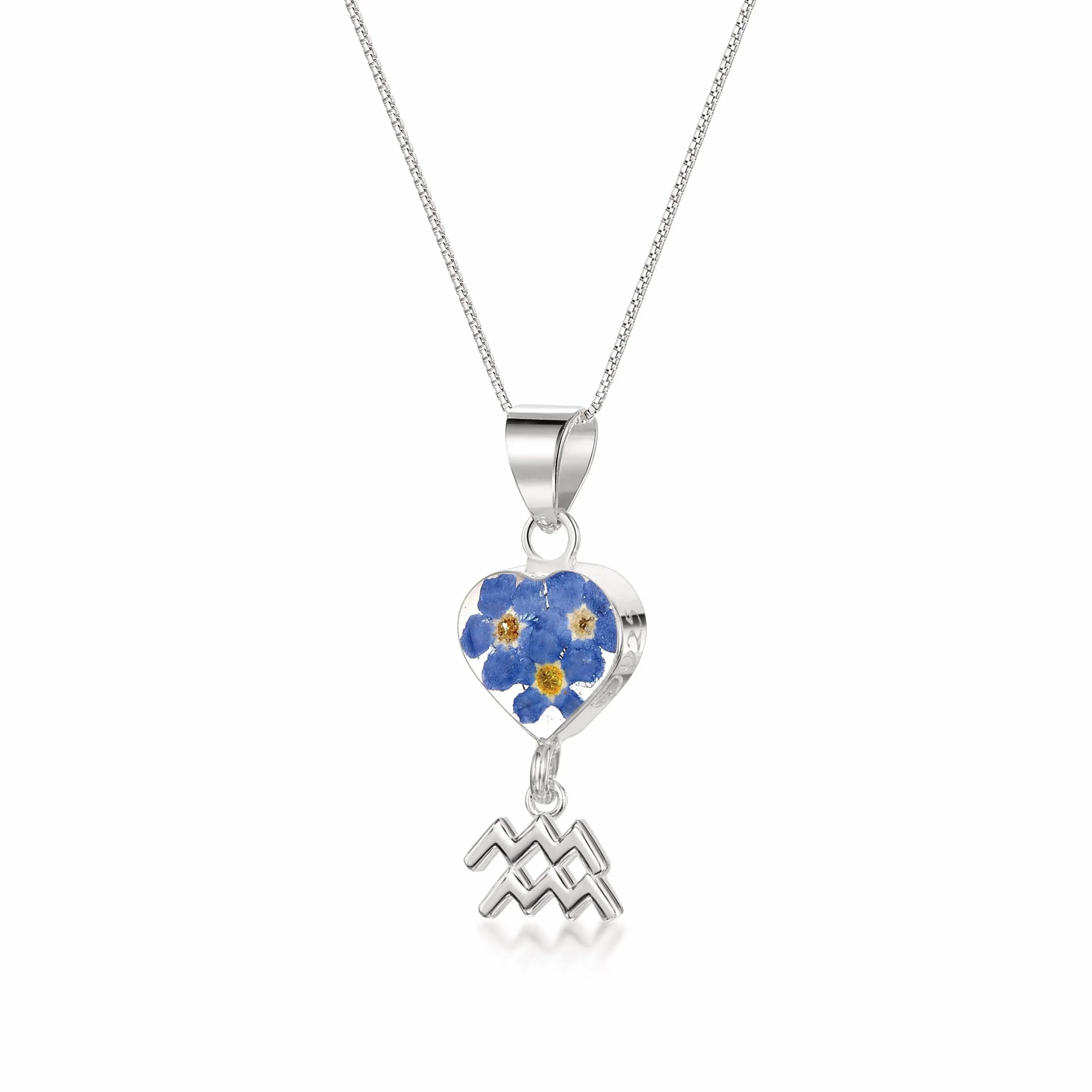 Aquarius Necklace - Sterling silver pendant with real flowers & a zodiac charm. More Options...
