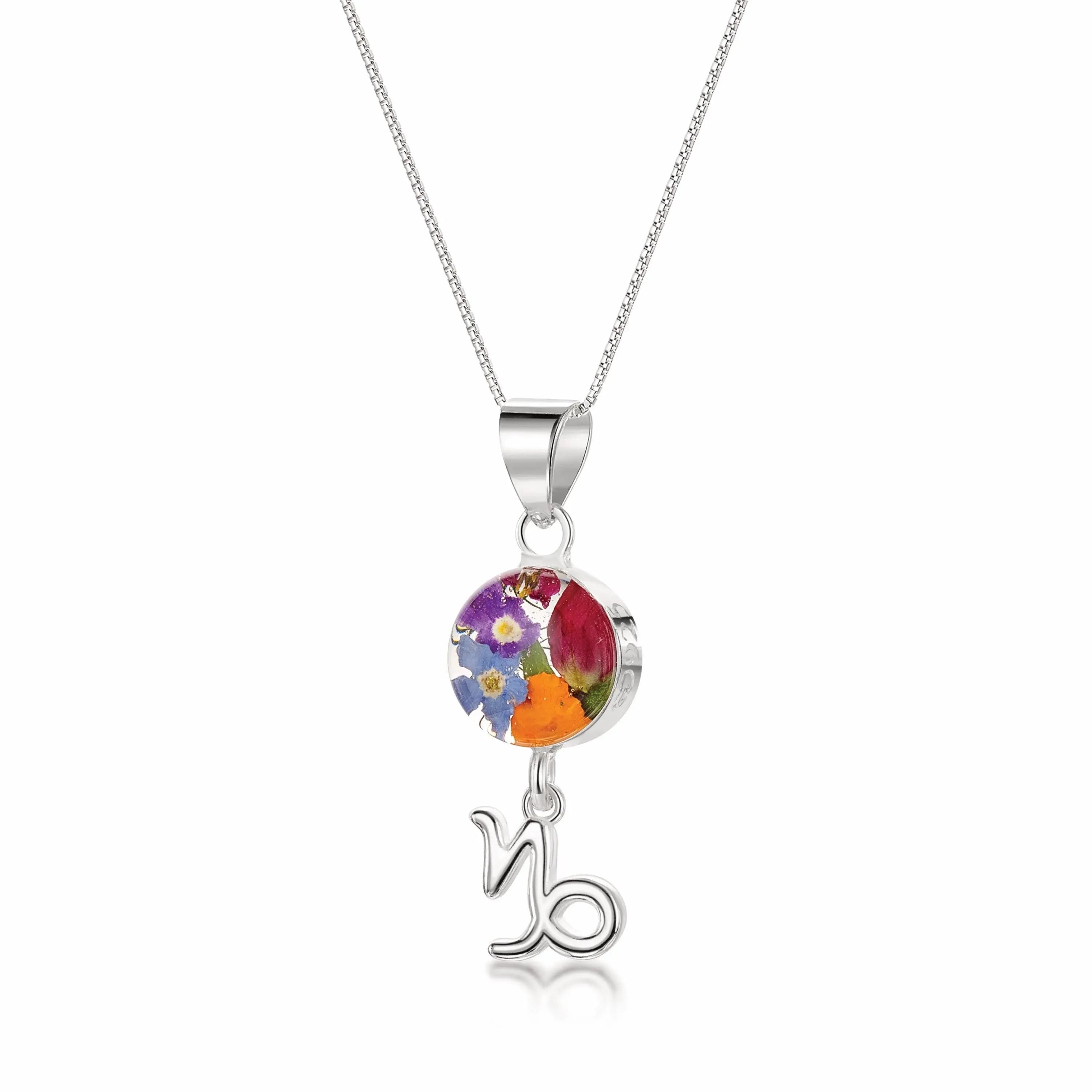 Capricorn Necklace - Sterling silver pendant with real flowers & a zodiac charm. More Options...
