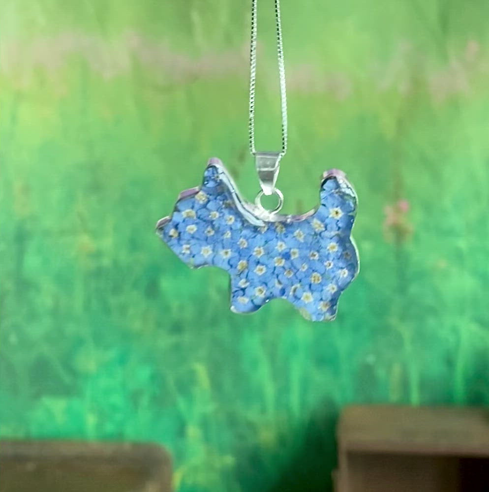 Scotty dog necklace with real flowers by Shrieking Violet® Sterling silver scotty or westie shape pendant full of real forget-me-nots.