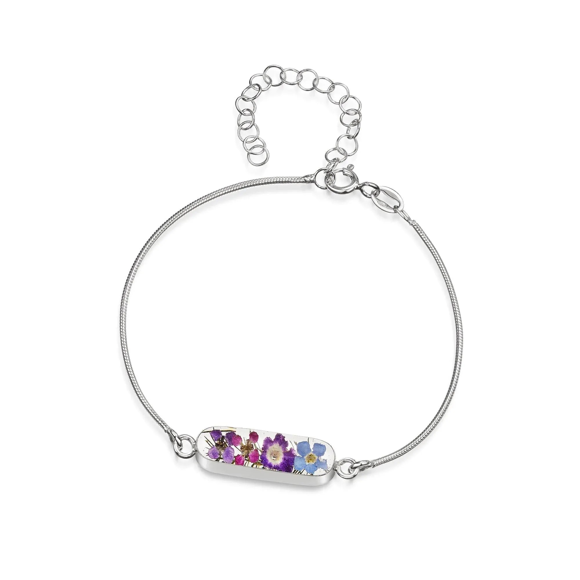 Sterling silver anti tarnish snake bracelet with flower charm - Purple Haze -Oval