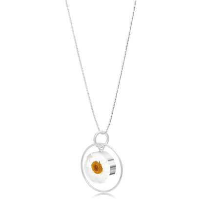 Collar con colgante de margarita blanca auténtica: colgante circular de plata de ley