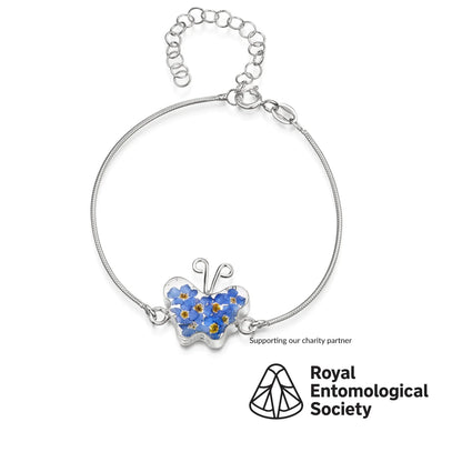 Schlangenarmband aus Sterlingsilber mit Blumenanhänger - Vergissmeinnicht - Schmetterling