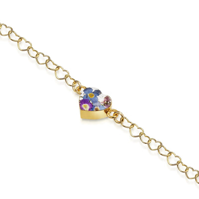 Gold plated Heart linked chain bracelet with flower charm - Purple Haze - Heart