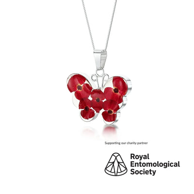 Poppy butterfly necklace by  Shrieking Violet® Sterling silver pendant handmade with real Euphorbia milii flowers. jewellery gift for butterfly lovers