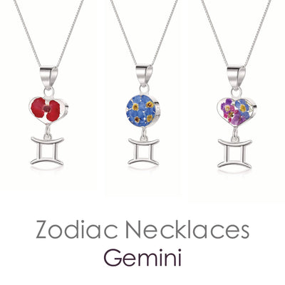 Gemini Necklace - Sterling silver pendant with real flowers & a zodiac charm. More Options...
