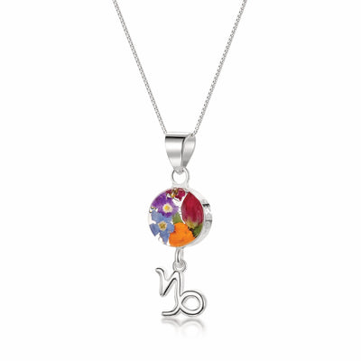 Capricorn Necklace - Sterling silver pendant with real flowers & a zodiac charm. More Options...