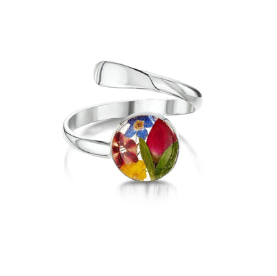 Flower ring by Shrieking Violet® Sterling silver adjustable size ring with rose, forget-me not real flowers. Ideal fashion gift for her