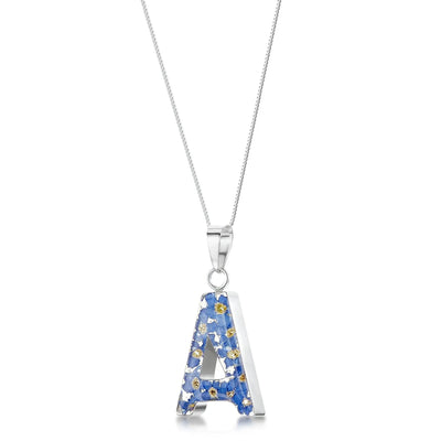 Initial pendant necklace with real forget me not flowers by Shrieking Violet® Ideal birthday gift.