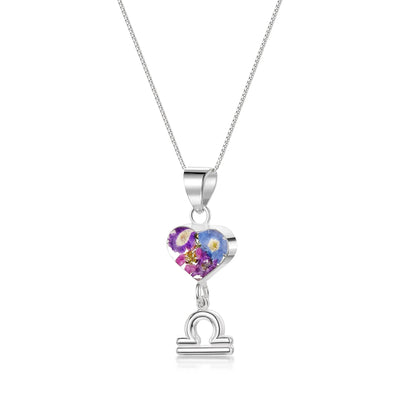 Libra Necklace - Sterling silver pendant with real flowers & a zodiac charm. More Options...