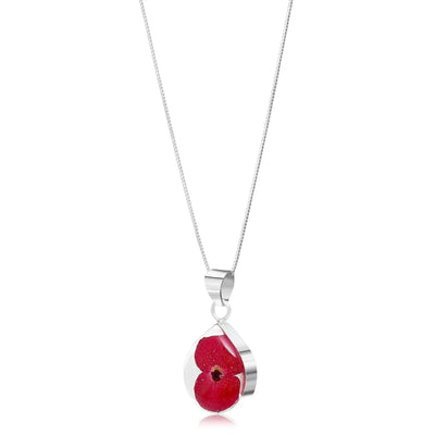 Poppy necklace by Shrieking Violet® Sterling silver teardrop pendant handmade with a single mini poppy (Euphorbia milii).